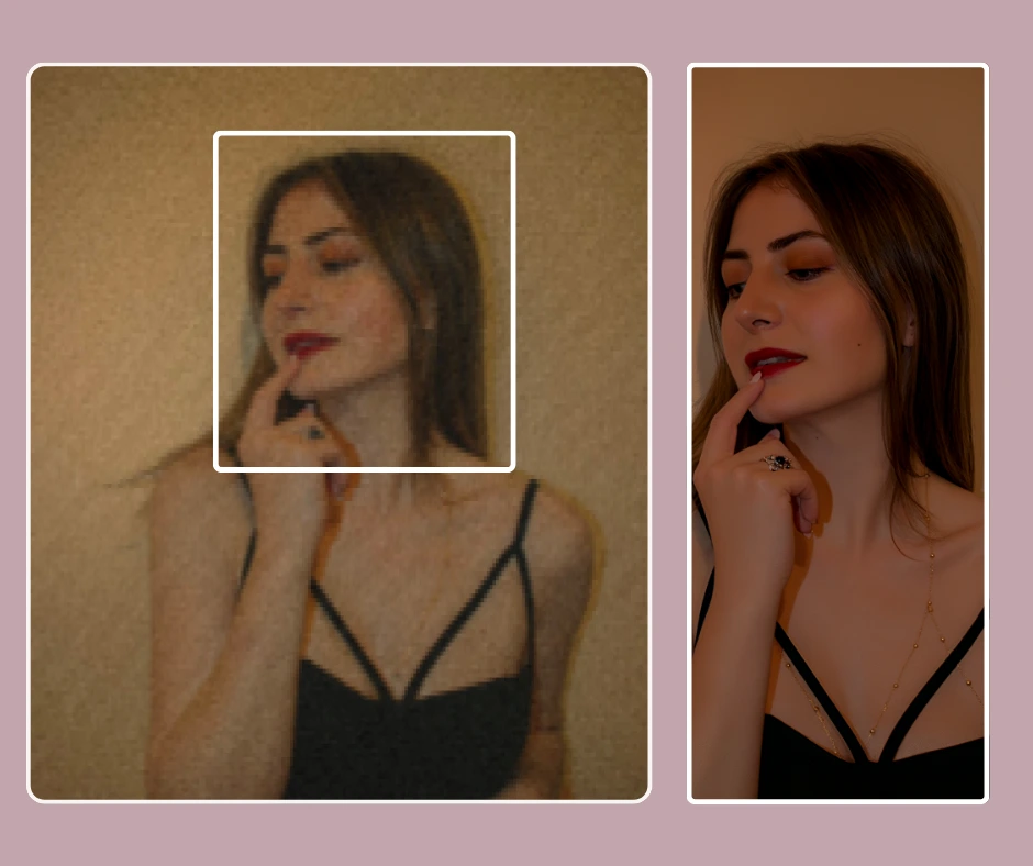 Femme en robe noire posant pour une photo. À gauche, une image floue et brute de la jeune fille, et à droite, la même femme avec une image améliorée et nette.