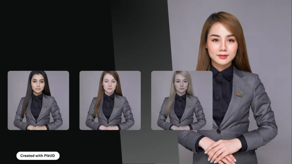 From the tutorial about how to create an ai influencer using PiktID, three tabs of woman with different identities and an enlarged image of the same woman in the right side