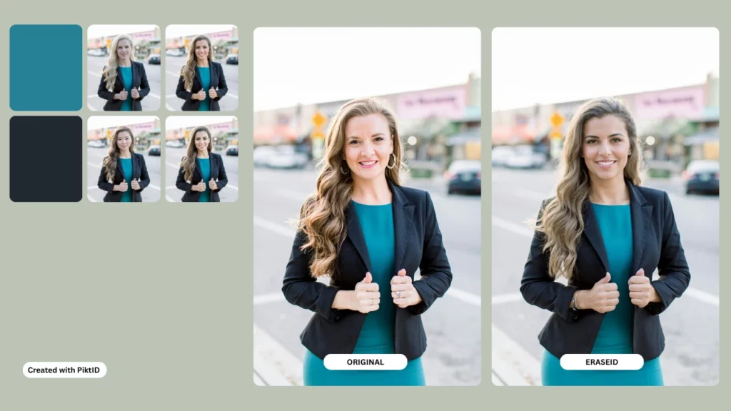 4 Images on the left portion indicating images created with PiktID, in the center we can see a blonde woman in blue suit and teal dress with a tag 'Original' and next to it on the right a similar woman with a different identity created using EraseID