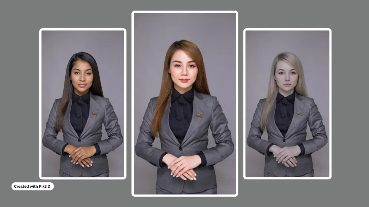 Three women in the same outfit stacked next to each other with different identities and from different ethnicities created with PiktID