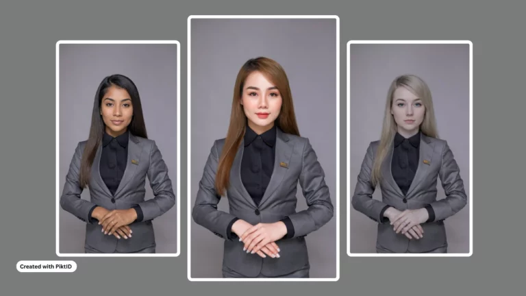Three women in the same outfit stacked next to each other with different identities and from different ethnicities created with PiktID