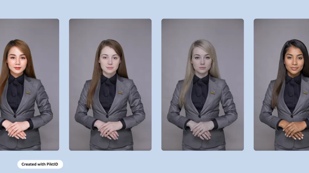 Four images next to each other of a woman in the same grey suit and black shirt outfit with multiple ethnicities by using how to create an AI influencer