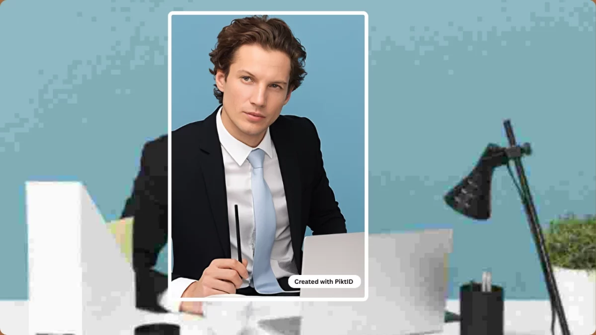 Using online photo enhancer of a man in black suit and blue tie sitting at an office desk