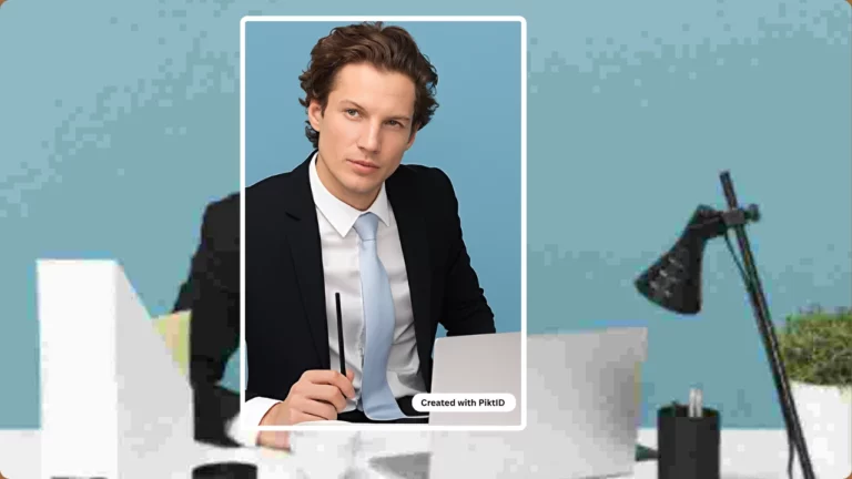 Using online photo enhancer of a man in black suit and blue tie sitting at an office desk
