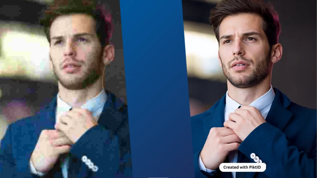 Using an online photo enhancer on an image of a young man adjusting tie of his navy blue suit