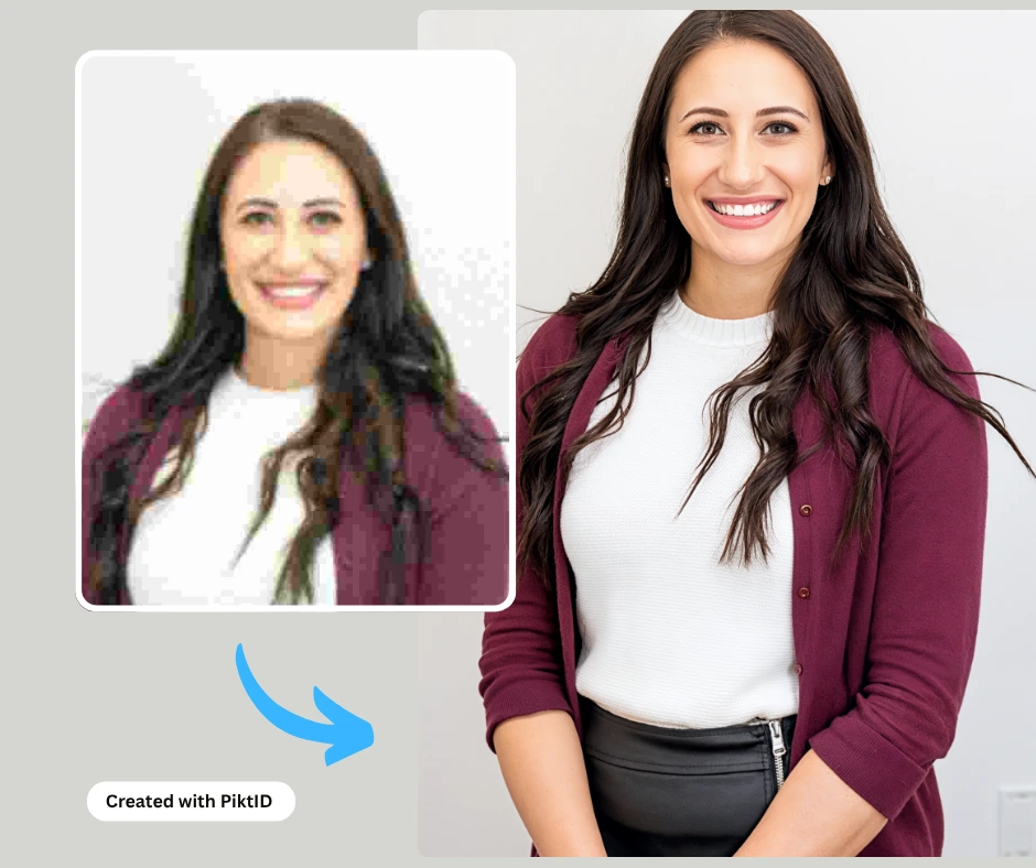 Creating enhanced image of a woman in white top and maroon jacket by using a online photo enhancer