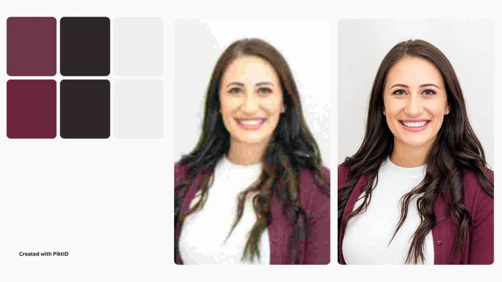 Side by side comparison of a young woman in curly hair while wearing a white t-shirt and maroon jacket