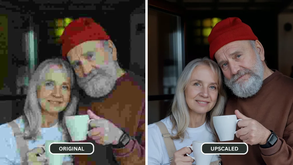 An Old couple's photo together holding a cup comparison image of before and after using Upscale by PiktID