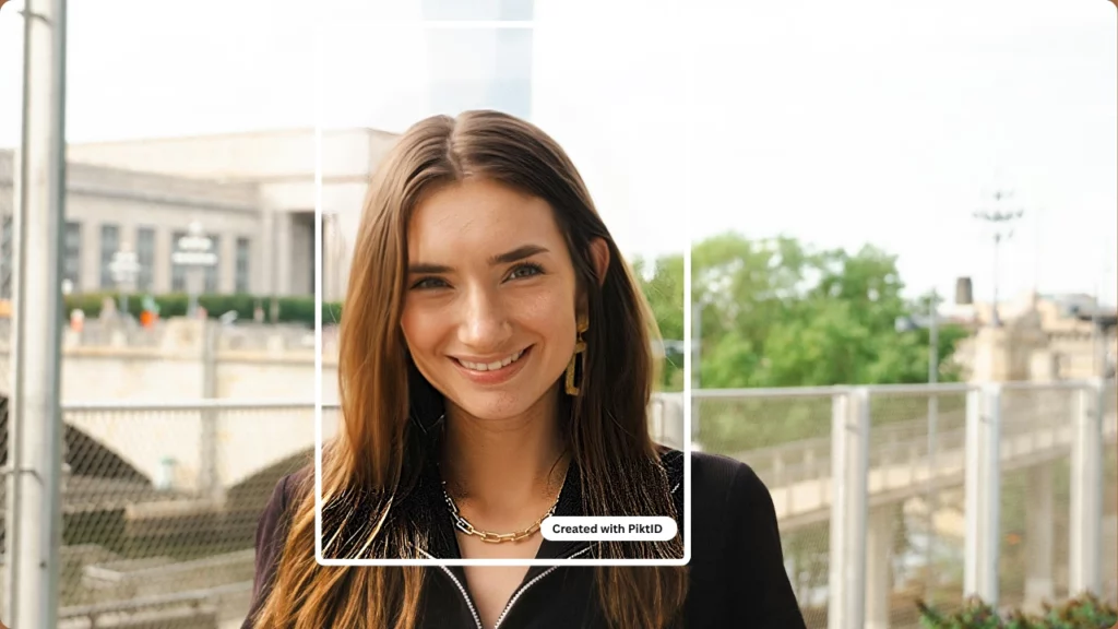 Smiley Face App PiktID being used on an image of a girl smiling in black outfit and golden earrings and chain