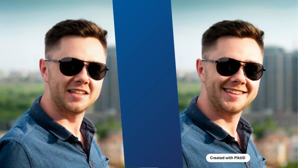 Two images of a man in black sunglasses and blue polo shirt smiling after using PiktID to change expressions