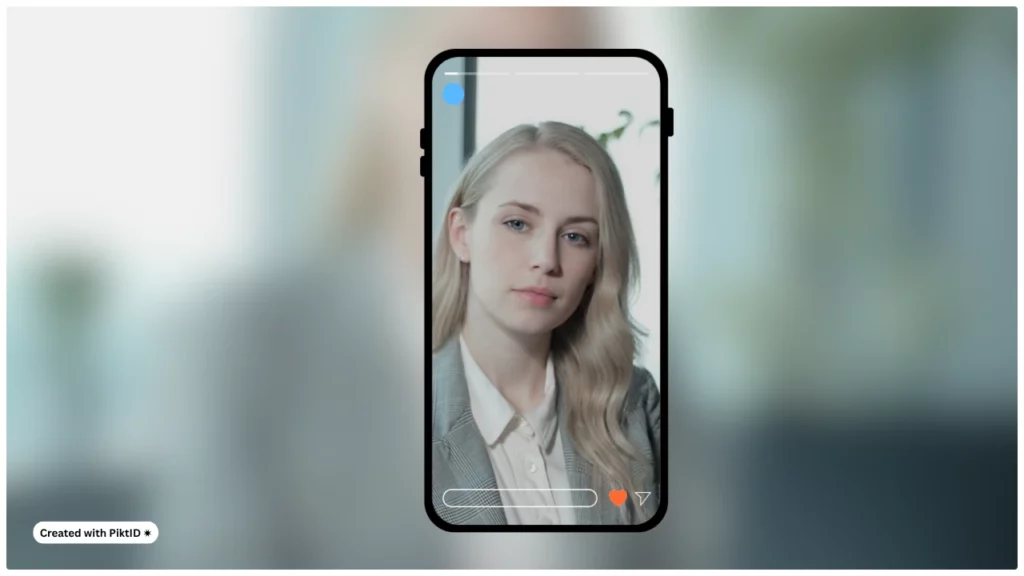 Imagen de fondo borrosa con un ajuste preestablecido de imagen de un teléfono móvil con una joven rubia con traje