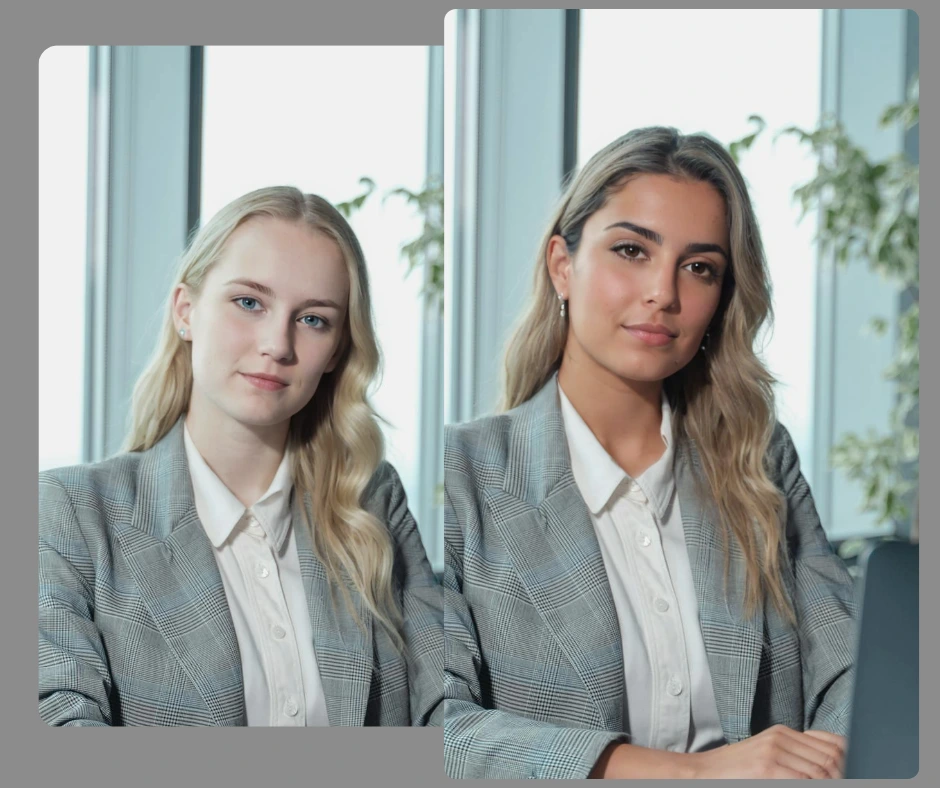 Dos imágenes de una niña con un traje gris a cuadros de diferentes etnias creadas con PiktID