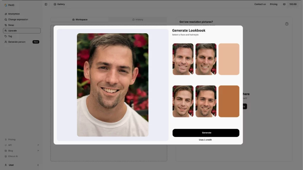 Captura de pantalla de la plataforma PiktID usando la función SwapID con Generate Lookbook donde podemos ver cuatro imágenes de diferentes chicos con el mismo atuendo.