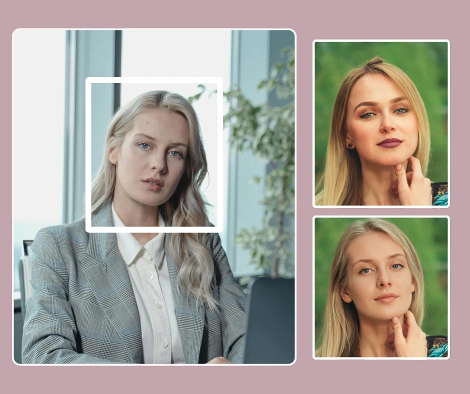 Usar el editor de intercambio de rostros para cambiar la imagen profesional de una mujer joven con traje gris a la imagen de una mujer rubia con atuendo informal