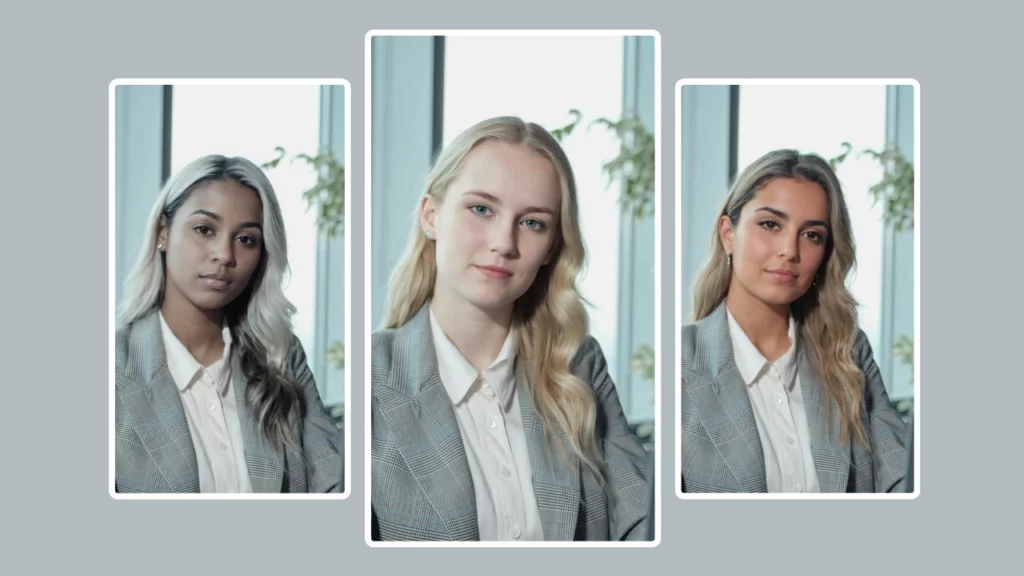 Tres imágenes de una joven vestida formalmente de gris posando para una foto. Las tres imágenes tienen identidades diferentes.