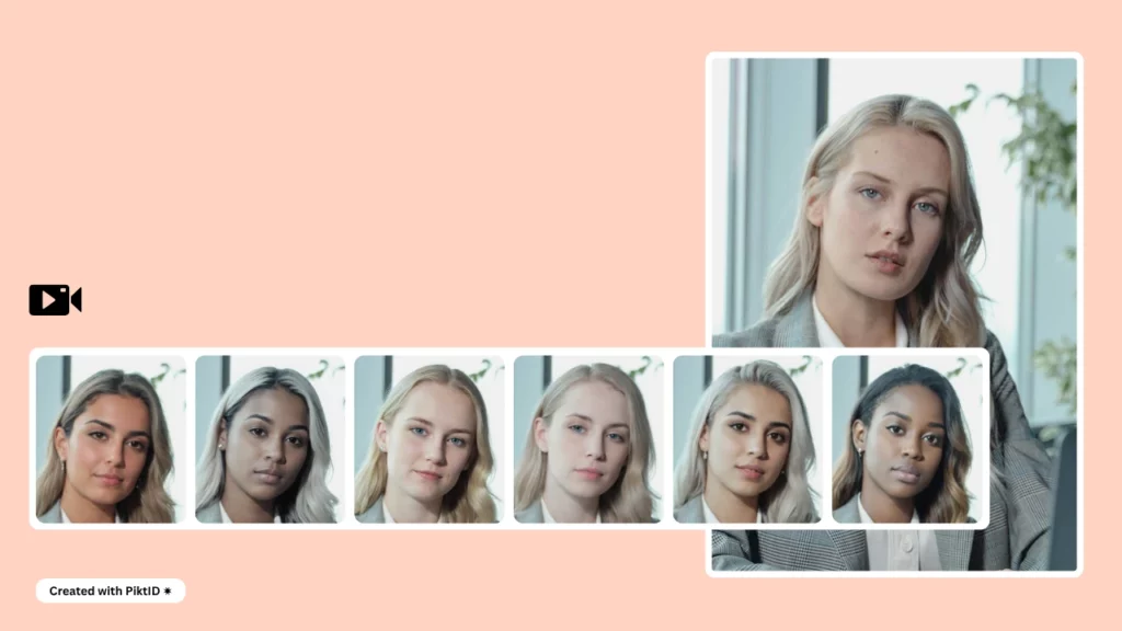Una serie de imágenes de una mujer vestida de gris formal con diferentes rostros y etnias creadas utilizando SwapID