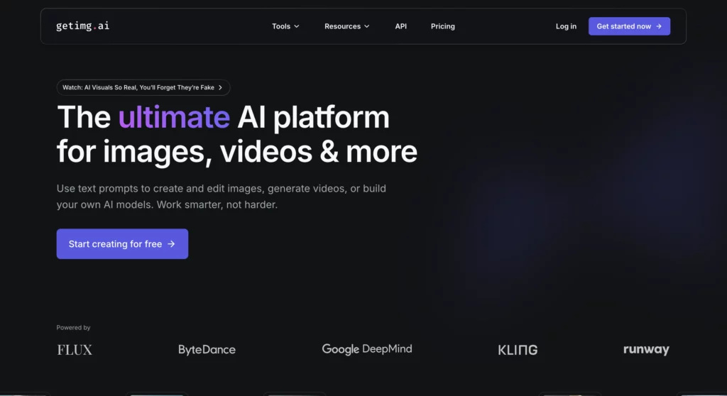 Captura de pantalla de la página de destino de Getimg AI, que se menciona como la plataforma de IA definitiva para imágenes, videos y más.