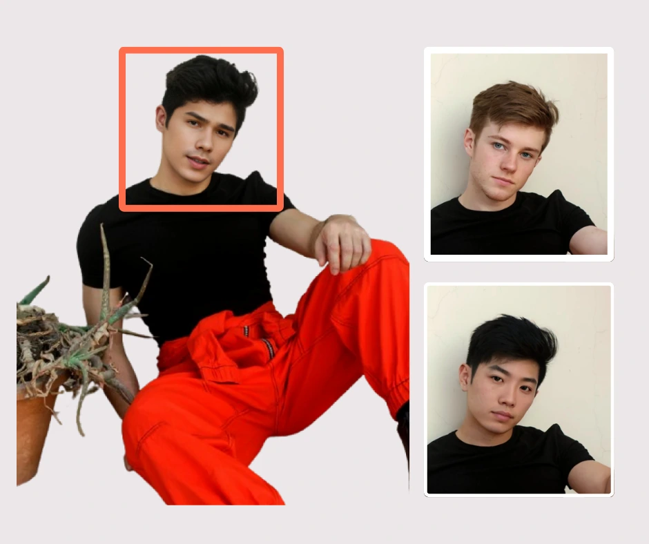 A scaled up image of a man in black and orange outfit and next to it two images of swapped faces by the Insert Face feature of different men arranged in a vertical format while having a light pink background