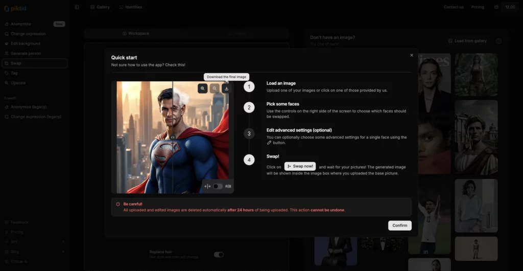 Insert Face Feature also called as Swap feature by PiktID, screenshot of a quick start guide to use the swap feature offered by PiktID