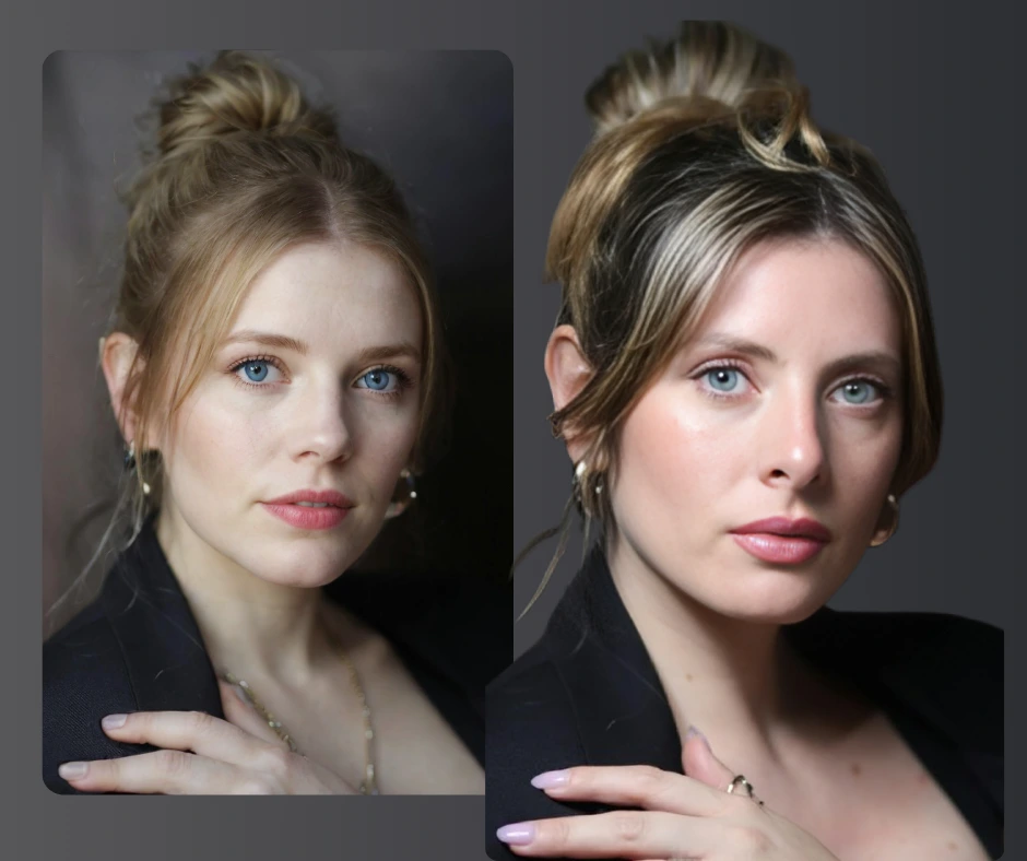 A side-by-side comparison of two portrait photos featuring a woman with a bun hairstyle, wearing a black top and earrings. The left image has lighter hair, while the right image has darker hair. The background is a solid gray color, created with PiktID.