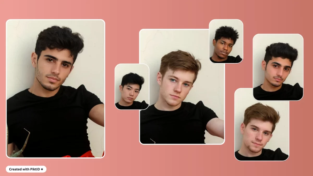A collage of six portrait photos featuring young men with diverse hairstyles and skin tones, all wearing black shirts. The background is a solid pinkish color, and the images are arranged in an overlapping layout. One individual on the left is holding a plant with red pants, created with PiktID.