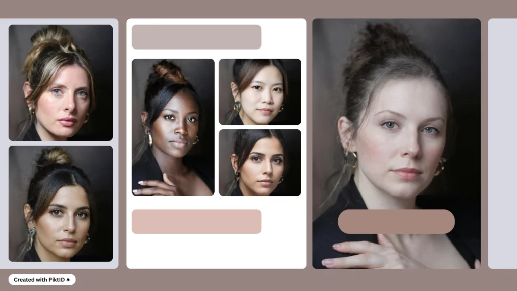 Using the Insert Face feature by PiktID, on a portrait of a woman in bun wearing a black suit. The image has a faded brown background