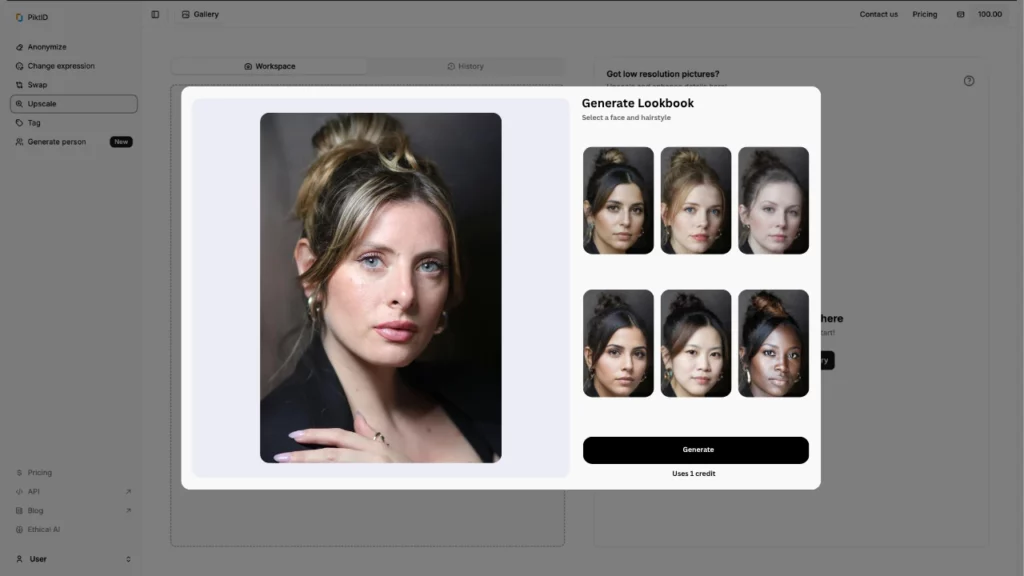 Screenshot of PiktID studio showcasing a blonde woman next to it a collage of faces swapped using the Insert Face feature