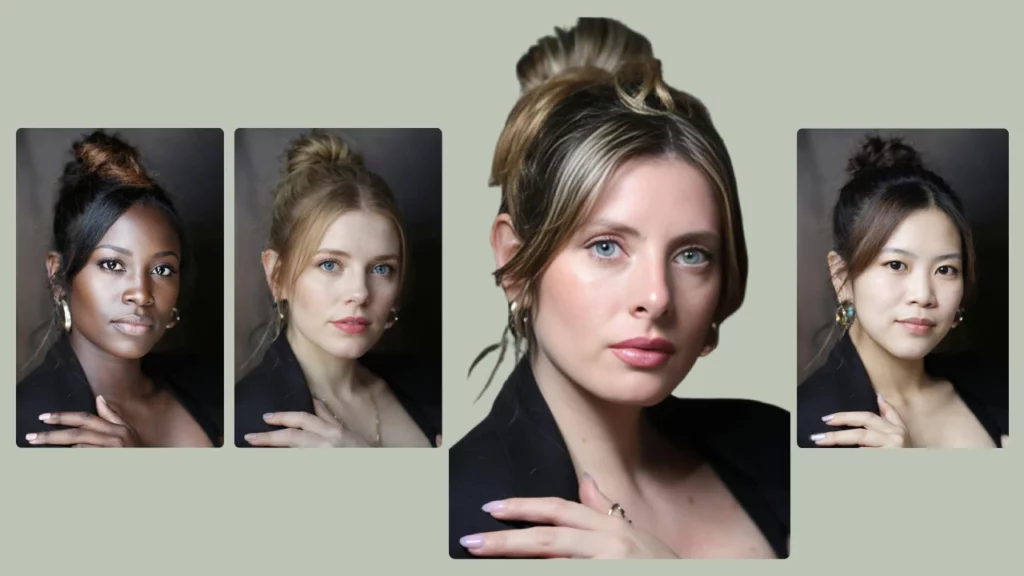 A collage of three portrait photos featuring young women with varied hairstyles and skin tones, all in black attire. The background is a light green shade, with images arranged in a triangular layout, created with PiktID.