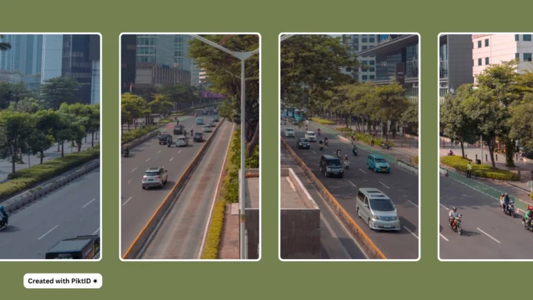 Vier Bilder nebeneinander von einer Stadtstraße, auf der Fahrzeuge vorbeifahren, und auf den Gehwegen sind Bäume zu sehen, die in einer Reihe gepflanzt sind.