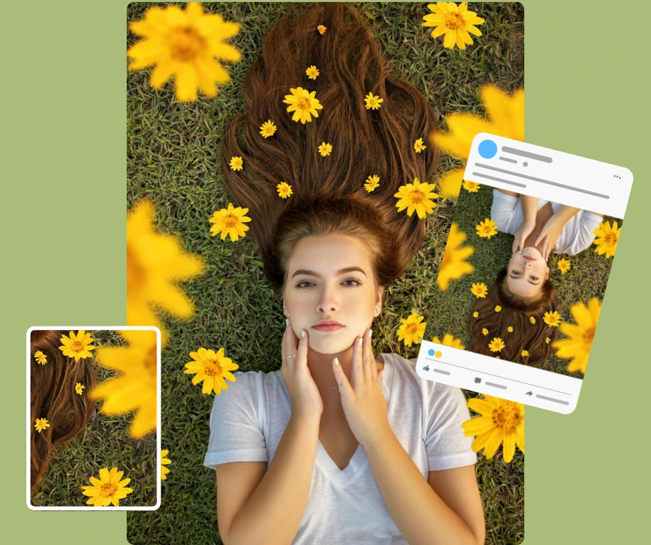 Social-Media-Vorgabe eines jungen Mädchens im weißen Oberteil, während gelbe Blumen vom Himmel fallen