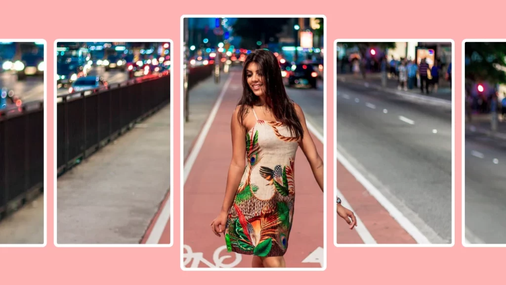 Eine Frau im geblümten Kleid geht durch die Straßen einer Stadt. Das Bild wird mit dem AI Image Extender von PiktID erweitert.