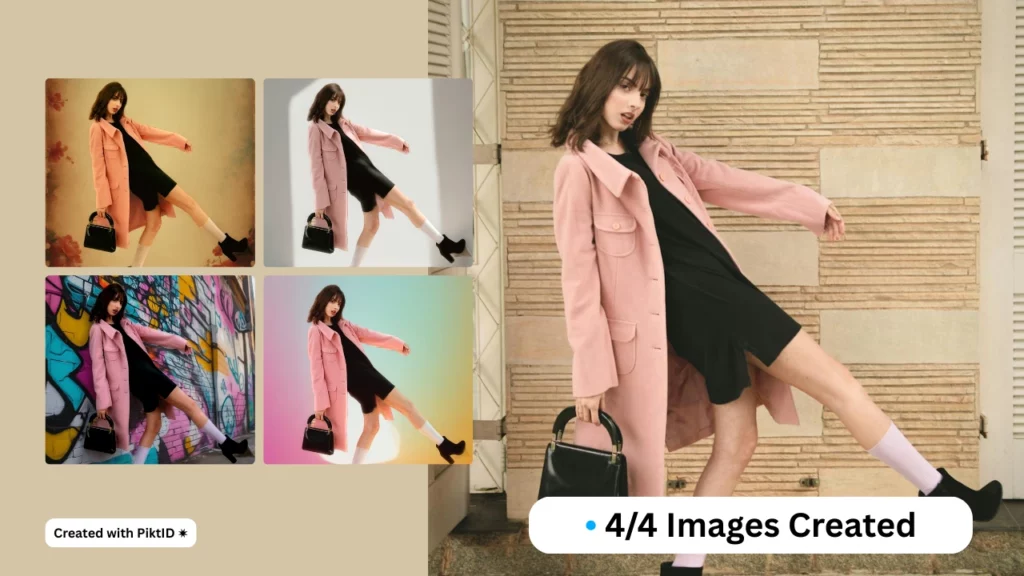 4 images créées avec PiktID d'une fille aux cheveux courts et manteau rose avec des arrière-plans différents