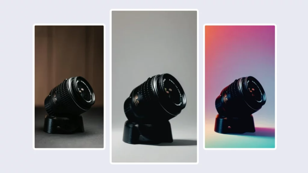 Comparaison de trois images côte à côte d'un objectif d'appareil photo utilisant différents arrière-plans créés à l'aide d'un générateur d'arrière-plan de produit AI