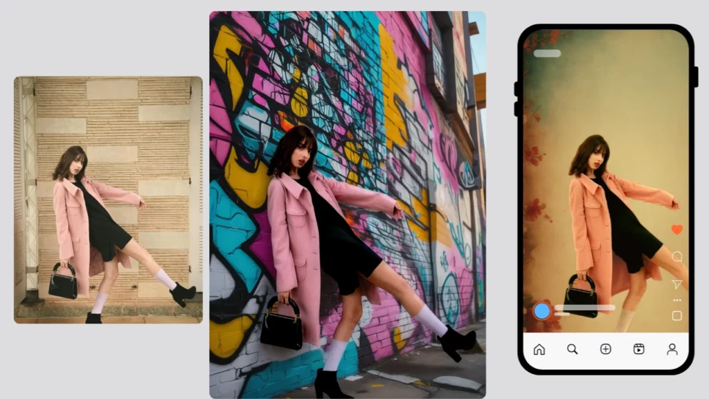 Femme à la mode dans un manteau rose et une robe noire prenant différentes poses contre des murs de graffitis et une interface mobile Instagram stylisée — illustrant des arrière-plans améliorés par l'IA pour le contenu des médias sociaux créé à l'aide du générateur d'arrière-plan de produit AI par PiktID