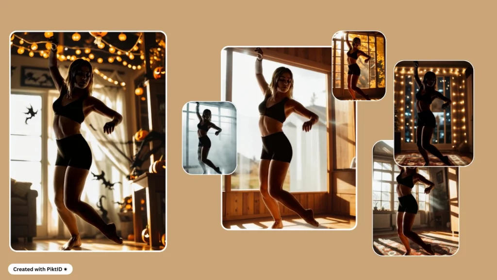 Six images créées à l'aide de PiktID, d'une jeune femme en tenue de sport noire faisant du yoga dans différents arrière-plans