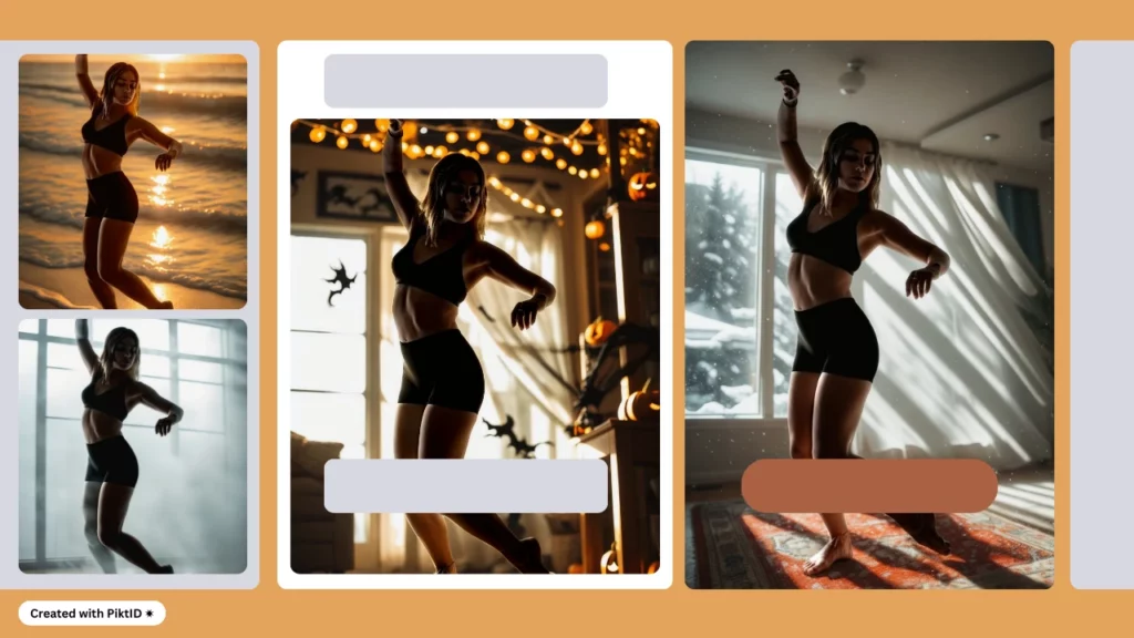Quatre images créées d'une fille blonde en tenue de sport faisant du yoga dans différents arrière-plans, à l'intérieur et à l'extérieur