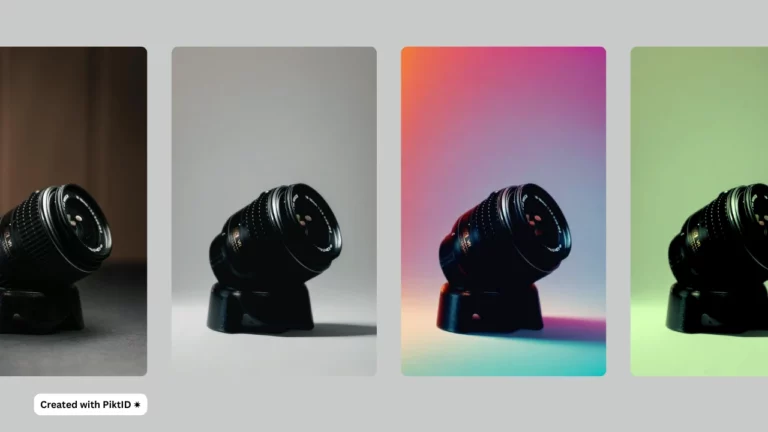 Objectif de l'appareil photo présenté sur quatre générateurs d'arrière-plan de produits IA différents — éclairage naturel, gris doux, dégradé vibrant et teinte verte — démontrant la photographie de produits automatisée à l'aide d'outils d'arrière-plan IA.