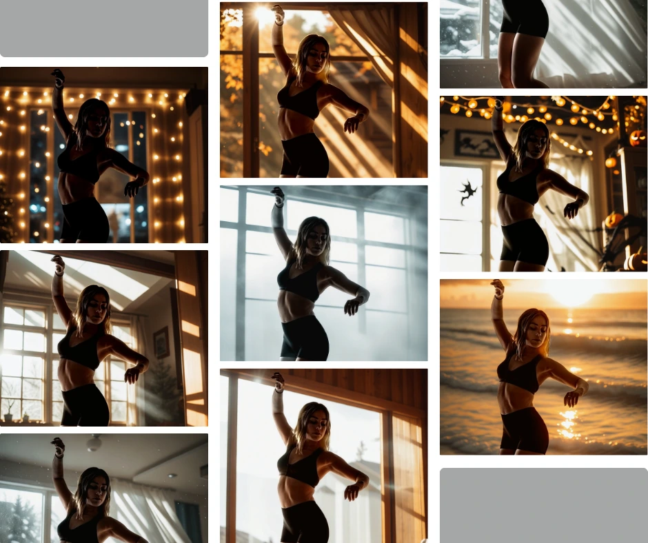 Femme athlétique en tenue de sport noire dansant dans divers décors intérieurs avec un éclairage dynamique — du lever du soleil au contre-jour dramatique — présentant des variations d'arrière-plan générées par l'IA pour la photographie de fitness.