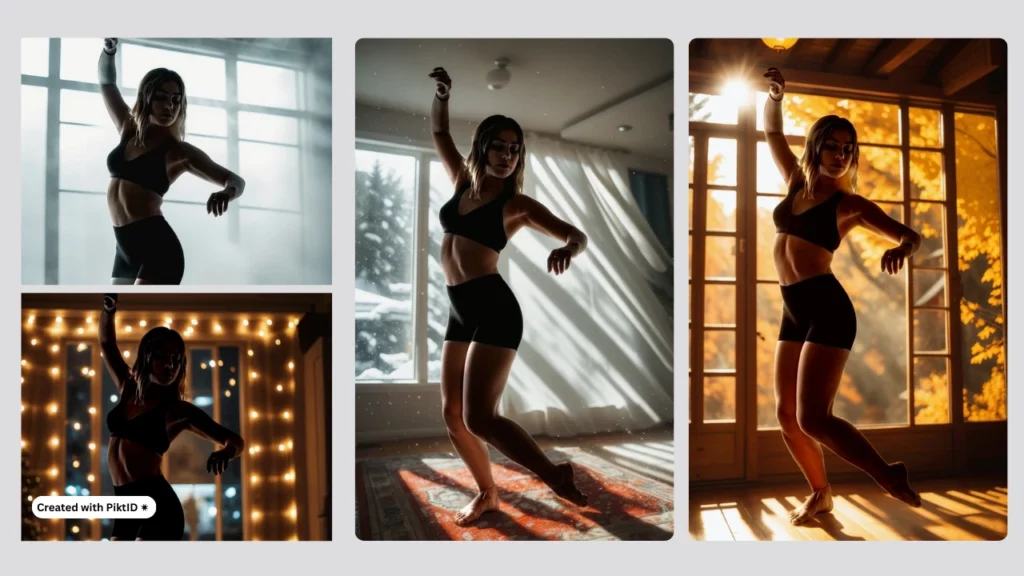 Une jeune femme vêtue d'une tenue de sport noire effectuant des poses de yoga dans quatre environnements intérieurs différents générés par l'IA - dont un arrière-plan enneigé, une lumière d'automne dorée, un projecteur dramatique avec des guirlandes lumineuses et une scène matinale sereine - créés à l'aide de l'outil de génération d'arrière-plan de PiktID.
