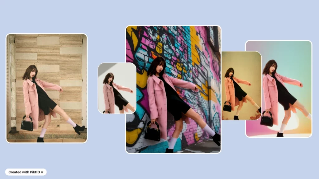 Une jeune femme élégante vêtue d'un trench-coat rose et d'une robe noire posant avec un sac à main noir sur plusieurs arrière-plans générés par l'IA, notamment des graffitis urbains, des tons pastel et des murs texturés, idéal pour l'image de marque de la mode.