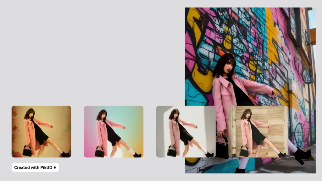 Un mannequin aux cheveux courts portant un manteau rose et une tenue noire est présenté sur des arrière-plans d'IA créatifs - des pastels abstraits aux peintures murales de graffitis - illustrant l'utilisation de l'IA pour les visuels de lookbook de mode automatisés.