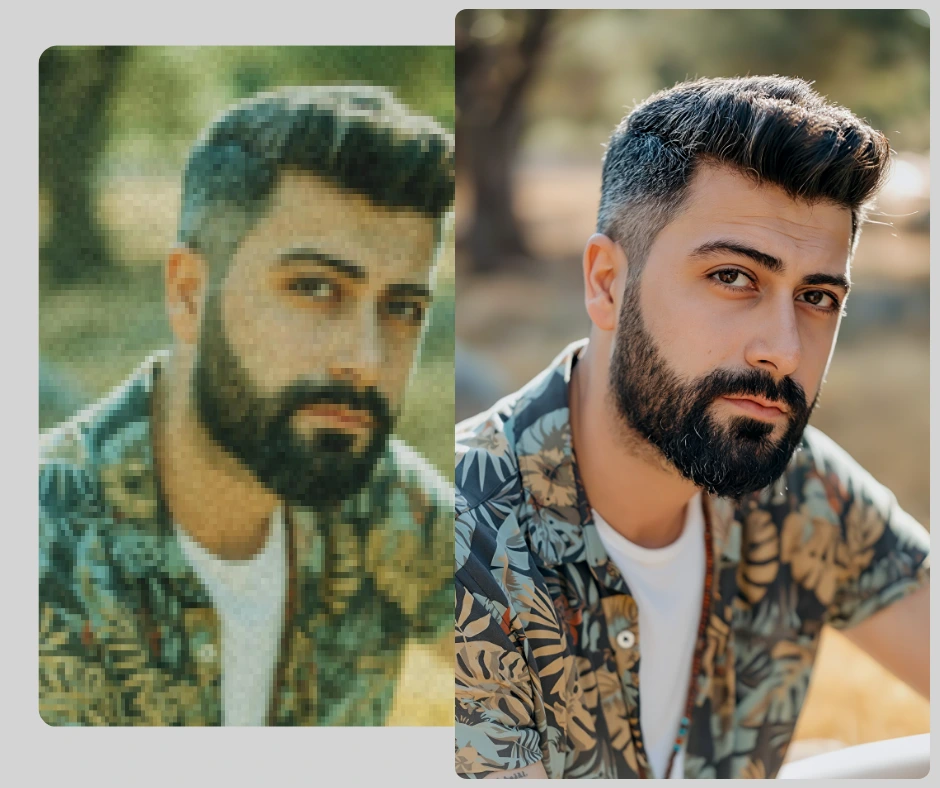 Imagen comparativa de un hombre con barba y camisa de color. A la izquierda, la imagen está borrosa y a la derecha, la misma imagen está mejorada con IA.