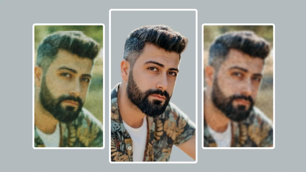 Usando la mejora facial de PiktID en una imagen de un hombre joven con una camisa floreada y una camiseta blanca en el centro y junto a la imagen a la izquierda y a la derecha dos imágenes del mismo hombre en imágenes borrosas y distorsionadas