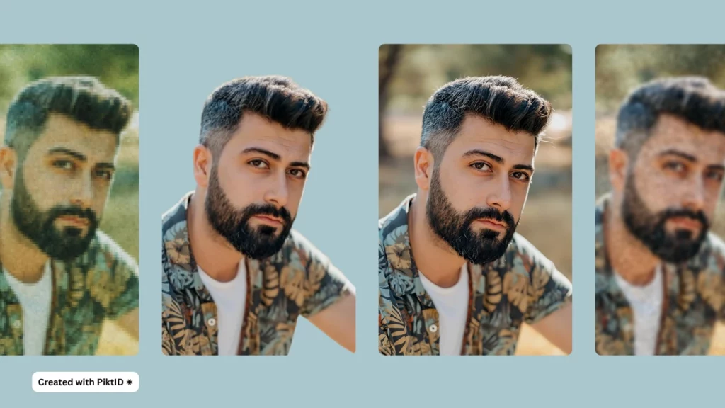 Usando la mejora facial de PiktID en una imagen de un hombre de mediana edad con barba negra y camisa de color, hay cuatro imágenes del mismo hombre, dos imágenes en el centro muestran un fondo transparente y un fondo de jardín con una calidad de imagen nítida, mientras que las otras dos imágenes en el extremo izquierdo y derecho son imágenes originales borrosas y pixeladas.