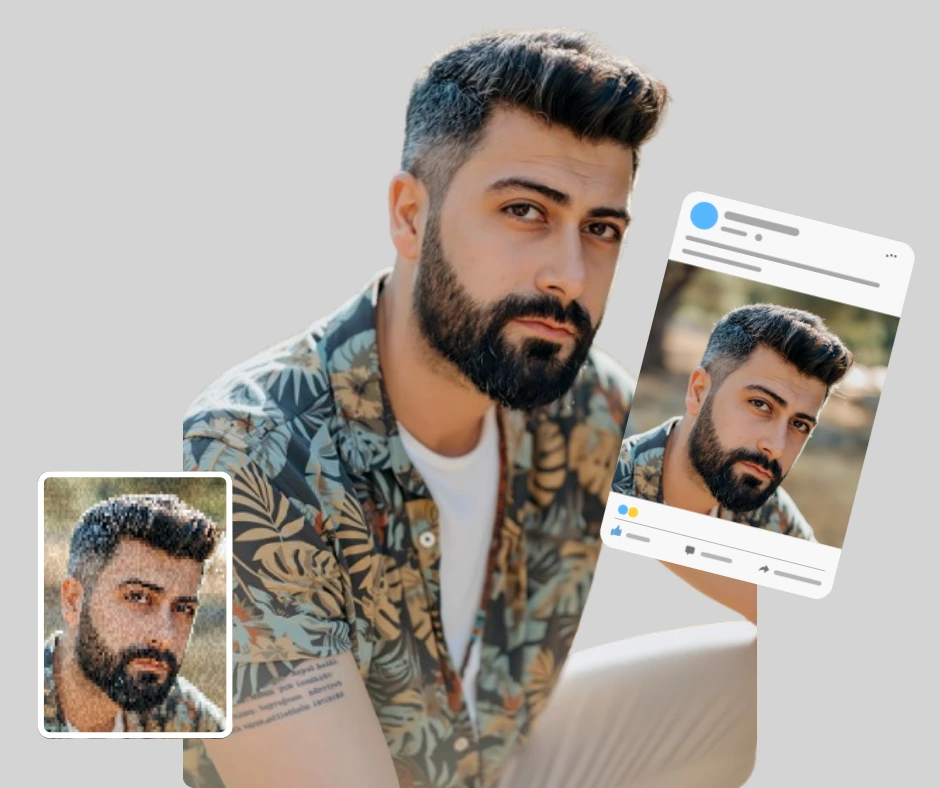Usando la mejora facial de PiktID, una imagen borrosa de un hombre con barba en la esquina inferior izquierda, en el centro la imagen mejorada y ampliada del mismo hombre que muestra más detalles del mismo y a la derecha un ajuste preestablecido de redes sociales usado para mostrar cómo se vería la imagen en línea