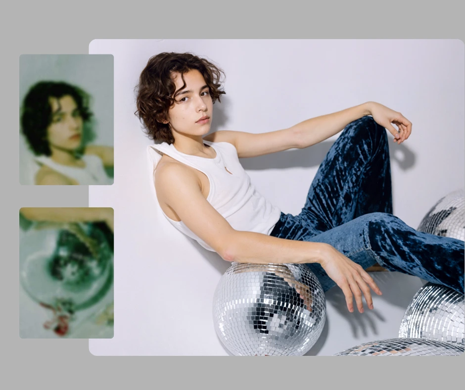 On the left two images of a young boy and a disco ball in pale and blurry quality and on the right a scaled up image of a young boy in white tank top and blue shiny trousers