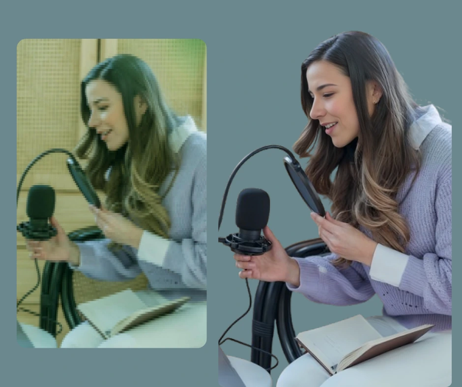 Side by side comparison image of a young woman in wavy hair, the first image is blurry and pixelated and the next image is in transparent background and clear enhanced image of the same woman