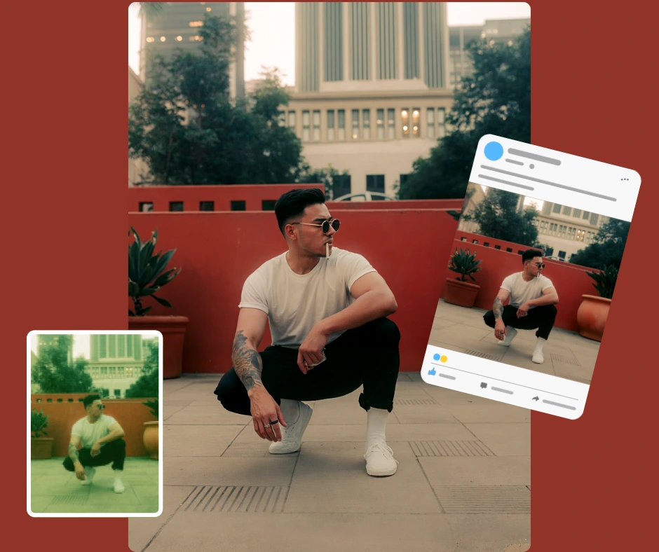 Using a social media preset on an image of man in white t-shirt and sunglasses enhanced using face pixelizer by PiktID studio