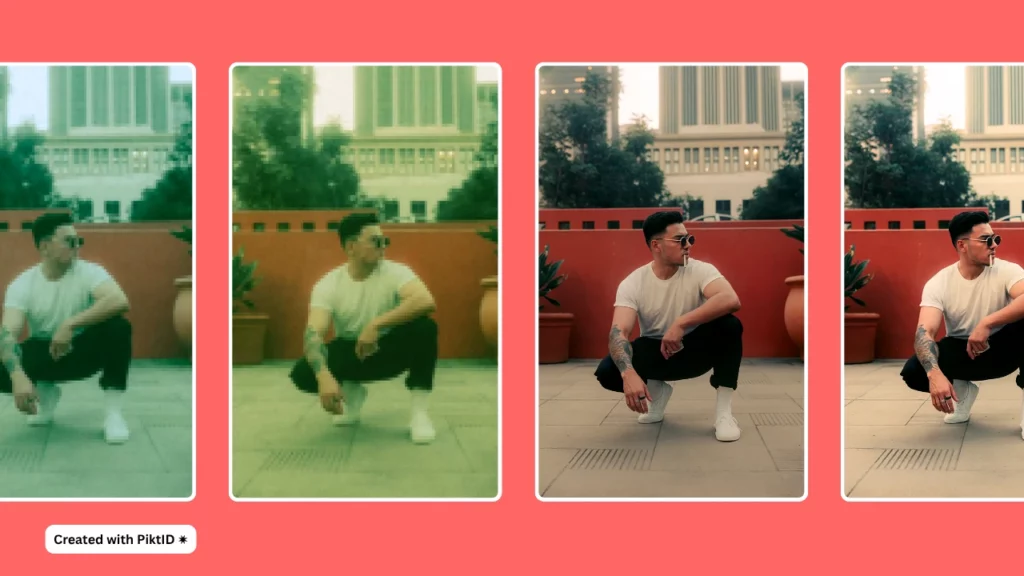 Sequence of a young man wearing a white t-shirt and black jeans, transitioning from a low-quality, pixelated image to a crisp and detailed version using modern AI enhancement tools.