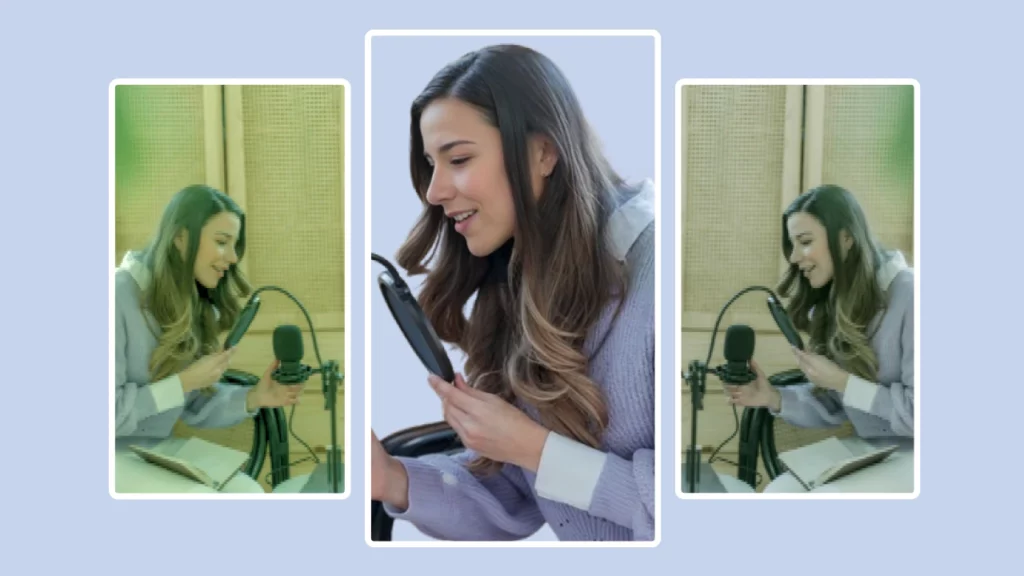 On the left and right, blurry images of a young brunette girl in blurry and pixelated filter and in the center the same girl in an enhanced version with a transparent background
